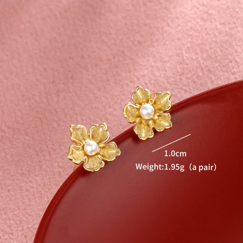 Cynlo Jewelry Luxury 24K 9999 Pure Gold real gold Women's Pearl Flower Earrings French Vintage Stud Earrings