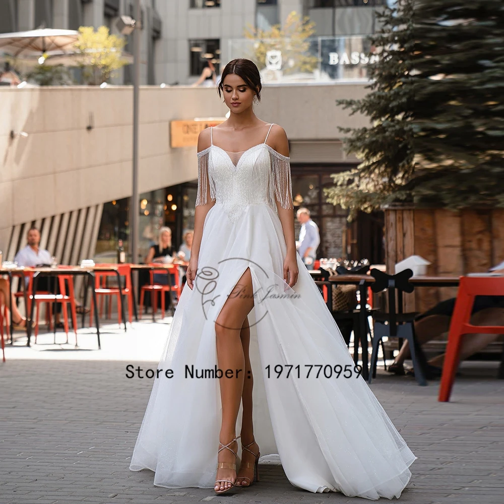 

Simple V-Neck Wedding Dresses Front High Split Tassel Orname 2024 New Lace Appliques Chiffon Spaghetti Straps Bridal Gown