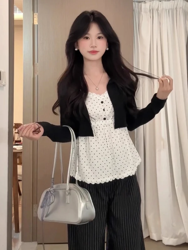 

Утягивающая футболка ранней осени с кружевной отделкой на талии, дизайн в горошек, корейский повседневный длинный женский топ све