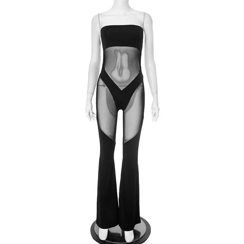 DSMTRC mujeres malla Patchwork abrigo pecho mamelucos ajustados Sexy ver a través de monos negros sin tirantes 2025 Coquette Midnight Clubwear