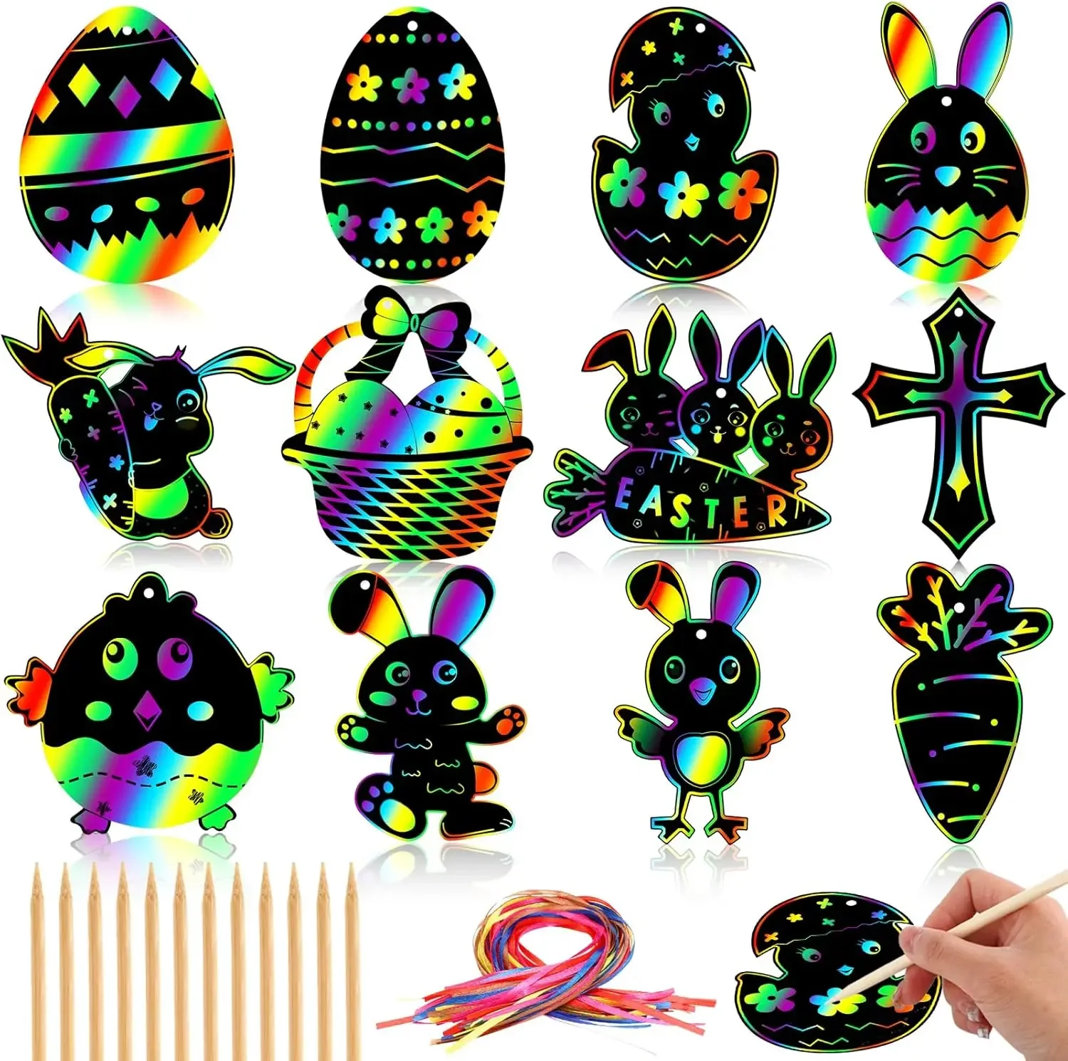 

12pcs Easter Magic Scratch Paint Easter Eggs Crafts DIY for Making Holiday Gifts Egg Basket Fillers Party Decorations Glasses