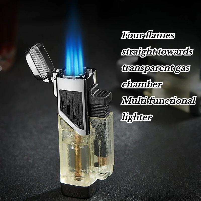 

New Four Nozzle Visual Air Chamber Straight Forward Windproof and Waterproof Lighter Cigar Moxibustion Lighting Accessories