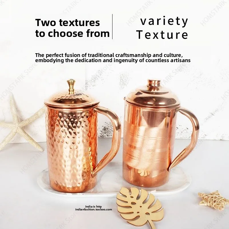 Indian Style Pure Copper Hammered Striped Pitcher, Large Capacity Southeast Asian Handcrafted Water Jug