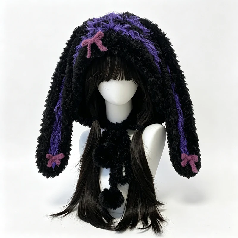 Handmade Black Purple Rabbit Bunny Ears Hat Women Winter Custom Crochet Bow Pow Knit Beanie Girls Coaplay Halloween Gothic Cap