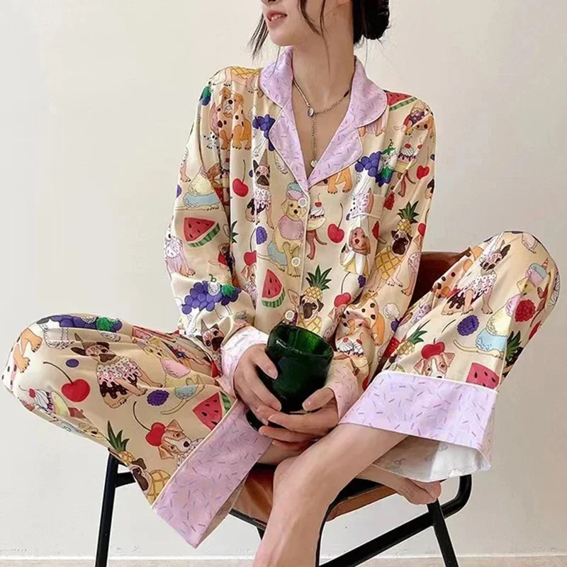 French high-class printed pajamas for women\'s spring and autumn new lazy style sweet homewear silk pajamas for women sleepwear