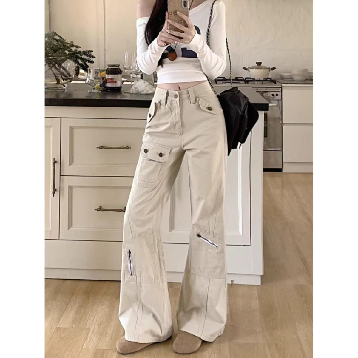 

American Design Loose Straight Leg Denim Pants Women's Spring New Low Waist Wide Leg Long Trousers Multi Pockets Workwear