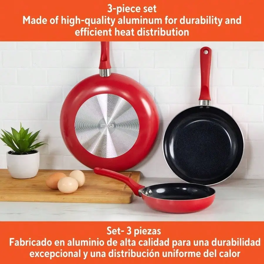 طقم أواني طهي سيراميك غير لاصقة مكون من 3 قطع 7 بوصات/9 بوصة/11 بوصة، مع مقابض تبقى رائعة، ألومنيوم، أحمر
