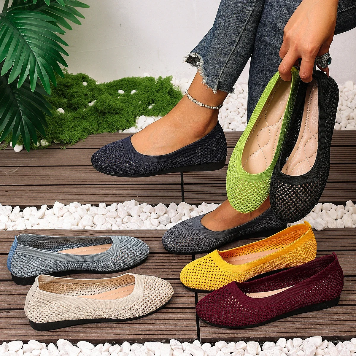 Ladies' Round-toe Solid-color Knitted Low-cut Slip-on Flat Shoes, Casual Breathable Women's Mesh Flat Women's Loafers Size 36-43