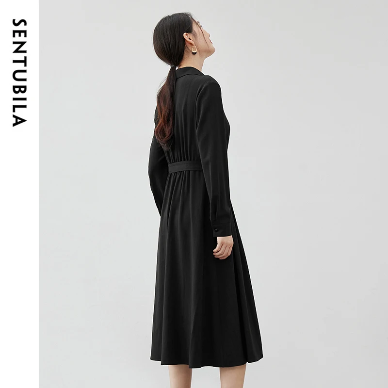 SENTUBILA Office Lady Black Shirt Dress for Women 2024 Autumn Elegant Long Sleeve Tie Belt Button Down Midi Dresses 143L56891