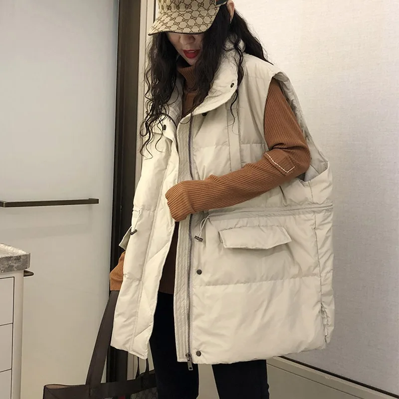 Luxury Women's Winter White Duck Down Vest New Warm Fluffy Fashion Loose Down Jacket Waistcoat Ties Pockets Zipper Tops