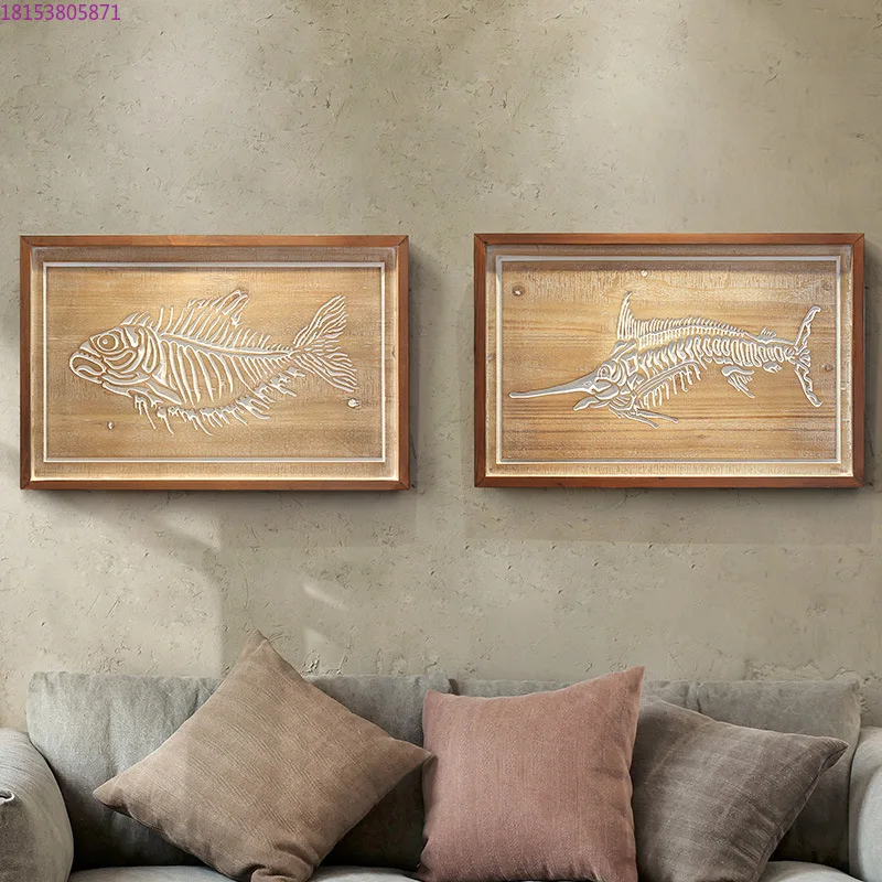 Japanese-style wabi-sabi wind decorative painting solid wood living room sofa background wall wooden fish bone fossil bedroom