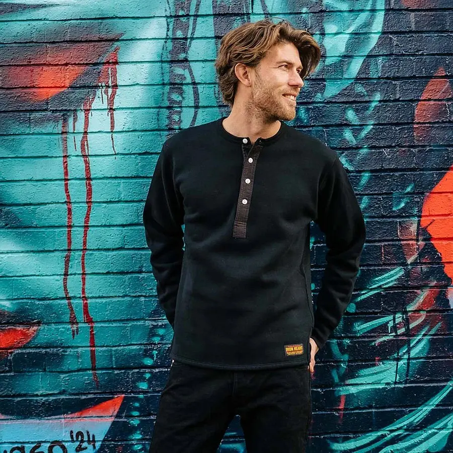 

IRON HEART Винтажный белый кошачий глаз на пуговицах 11 унций из махровой ткани, флисовый вязаный свитер с длинными рукавами и вырезом Генри, свитер