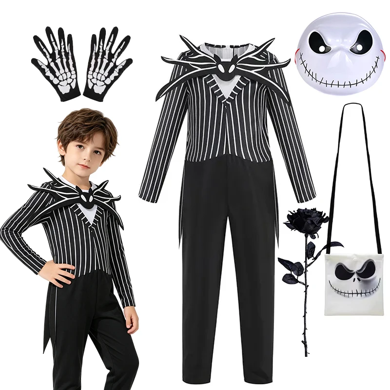 Halloween Boys Pumpkin King Skeleton Jack Striped Jumpsuit Costume Skeleton Gloves Mask Black Rose Kids Party Cosplay Outfit Set