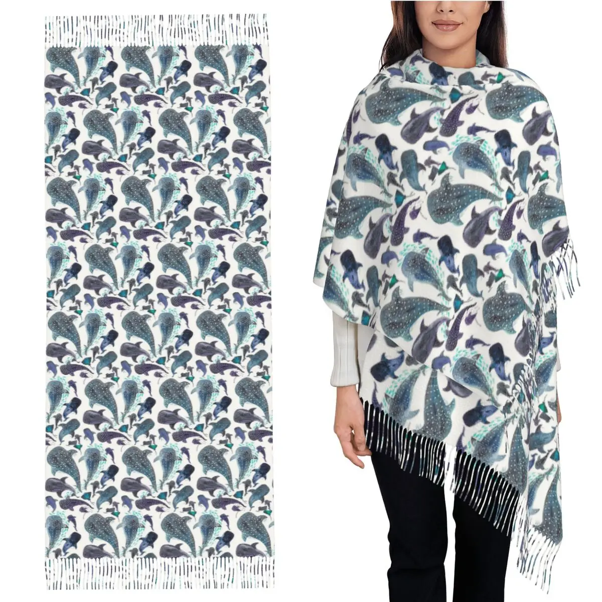 

Whale Shark, Ray And Sea Creature Play Scarf Tassel Scarves Women Soft Warm Shawls and Wraps Large Fall Winter Shawl Wrap
