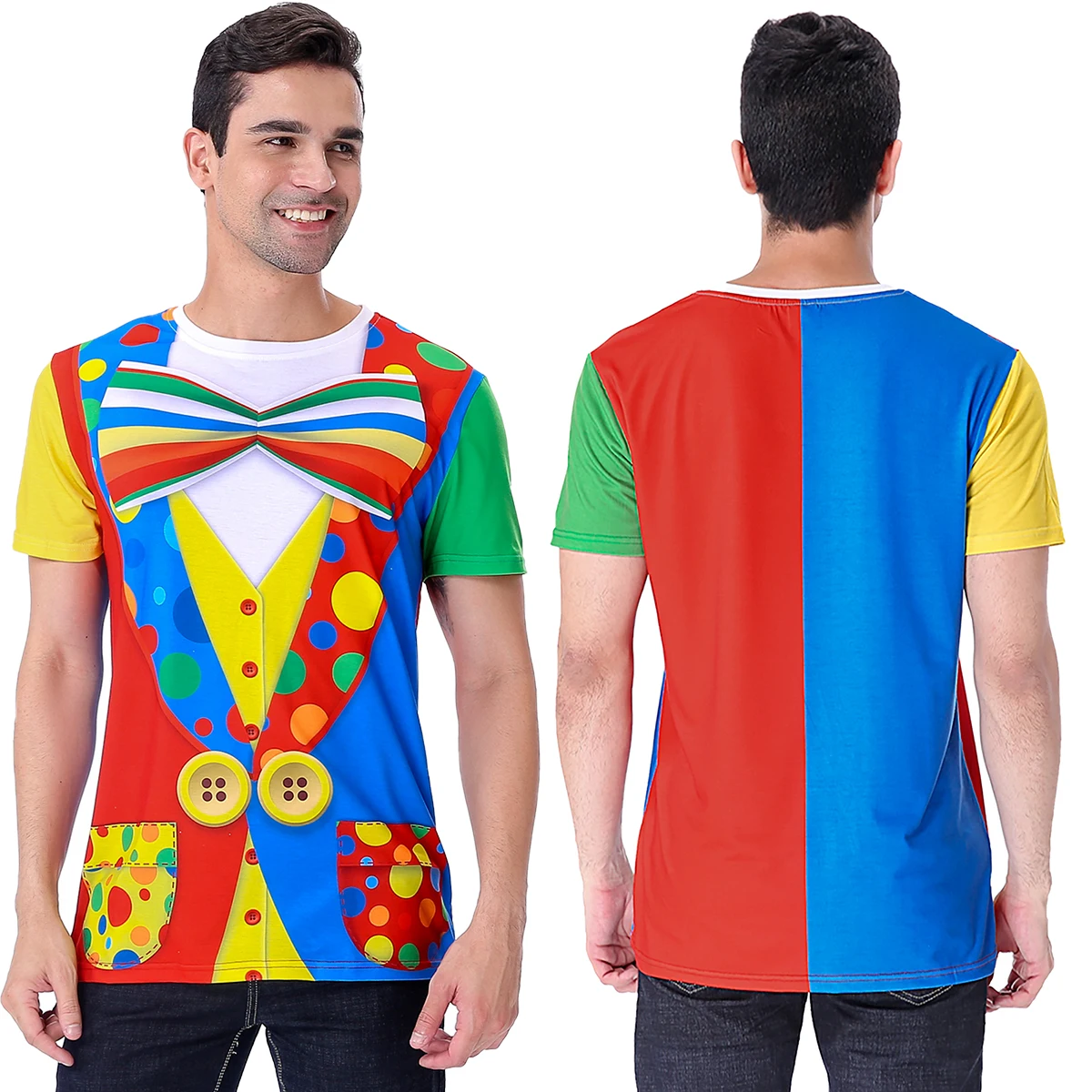 Adult Mens Clown Costume Carnival Circus Male T Shirt Halloween Party Cosplay Dress Up Funny Humorous Stage Performance Attire