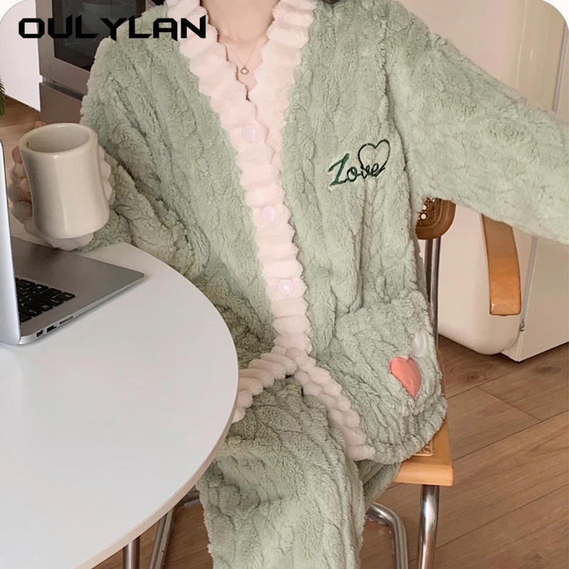 Sleepwear Women Winter Warm Pajamas Sets Coral Fleece Thick Flannel Homewear Sets Cute Clothing Pajamas Long Sleeve Nightwear