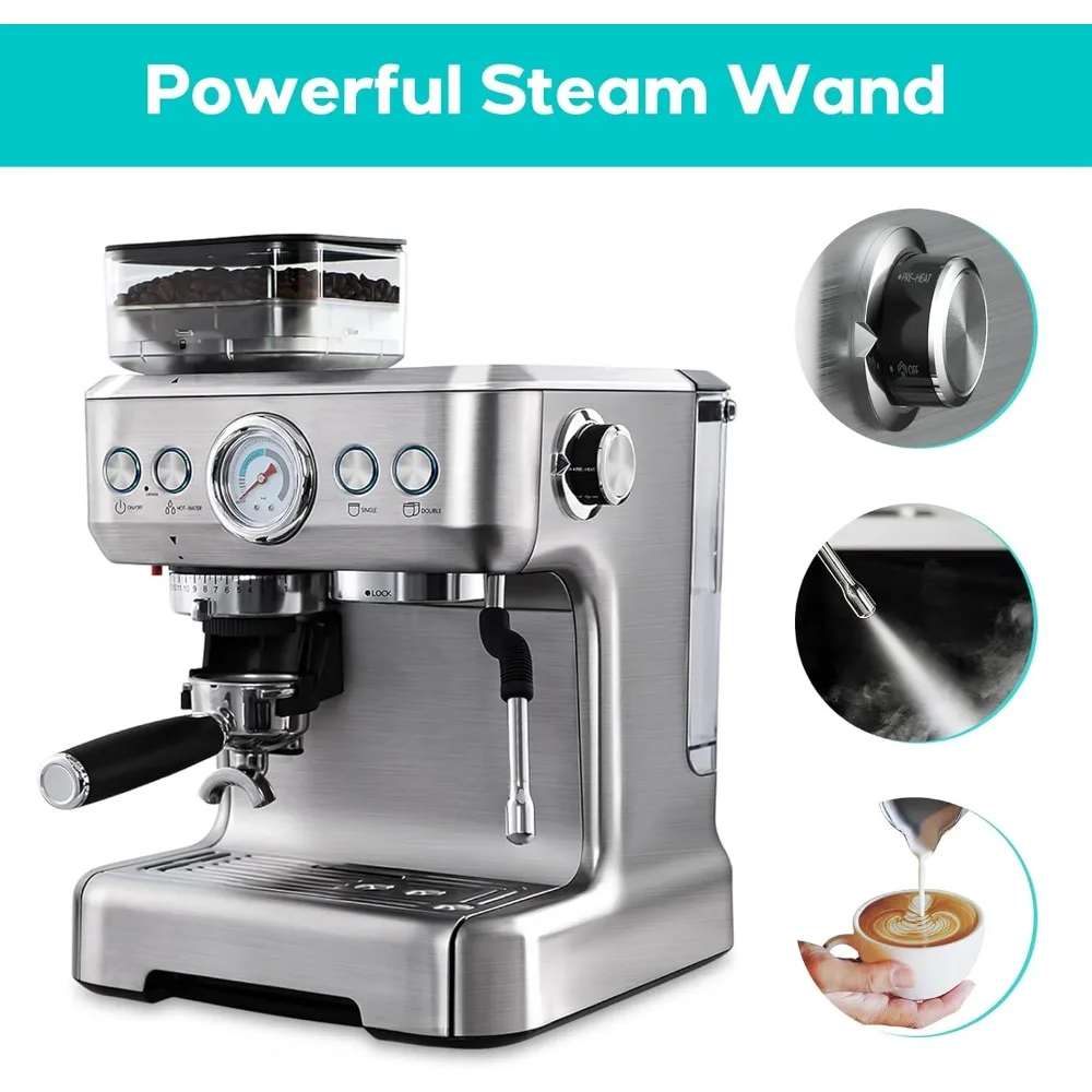 Coffee Maker Machine, Espresso Machine with Grinder, Professional Espresso Maker with Milk Frother Steam Wand, Coffee Machine