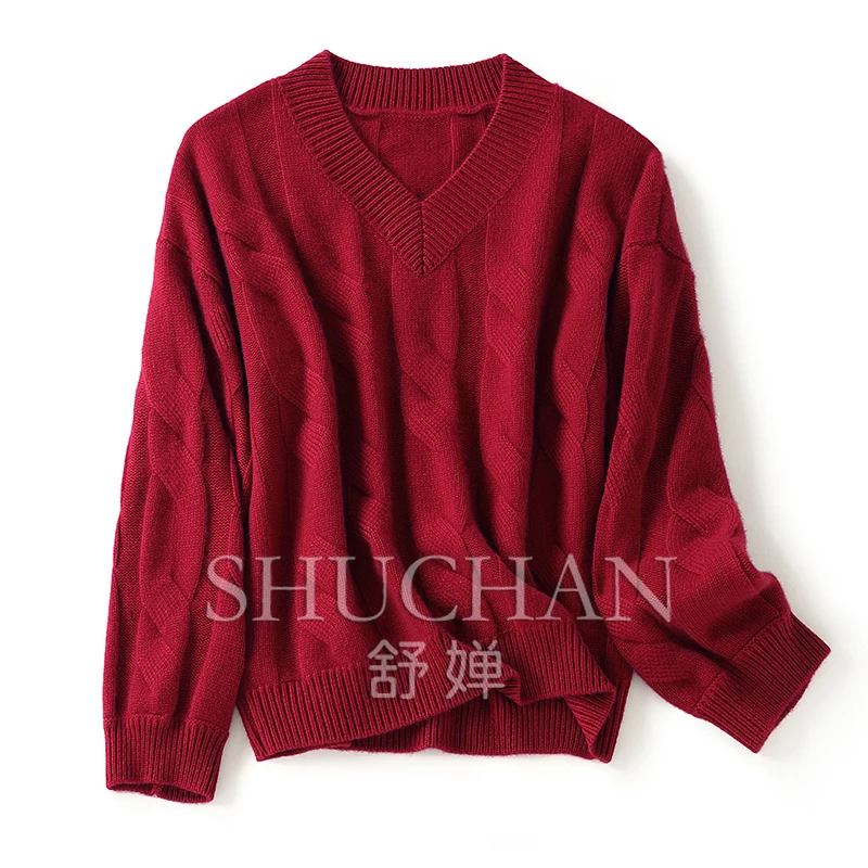 

Pullover 2023 New Winter 100% Cashmere Sweater Women Warm Thick V-Neck Preppy Style Outfit Korean Blusas Feminina Inverno