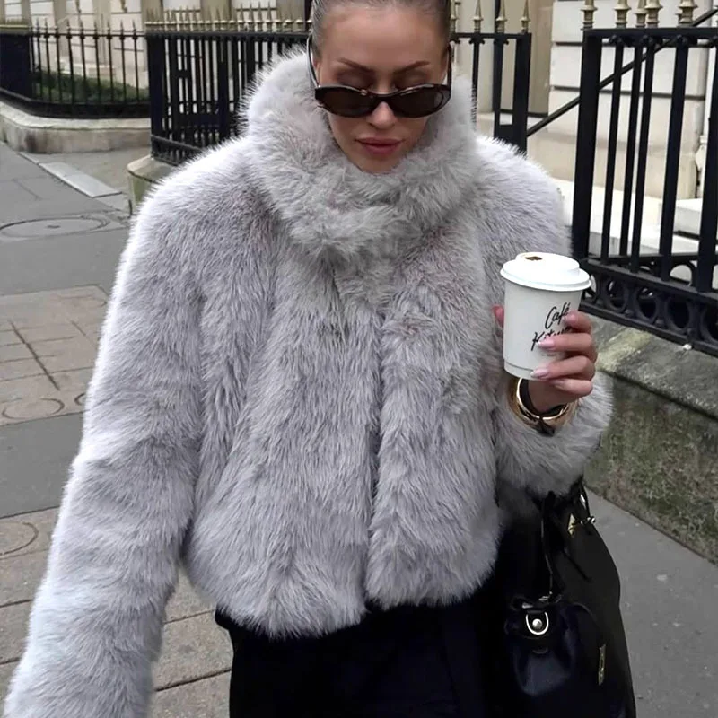 Winter New Fashion Women's Solid Color Stand Collar Long Sleeve Elegant Casual Trendy Faux Fur Cardigans Female Coats Clothes