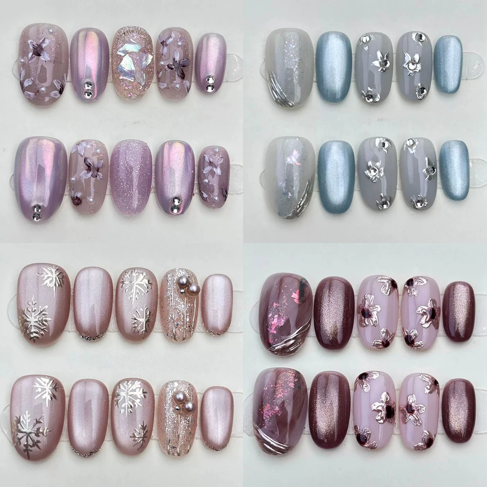 

10Pcs Colorful Cat Eyes Handmade Short Ellipse Press On Nails Hand Painted Flowers Snowflakes Diamond Pearl Sequins False Nails