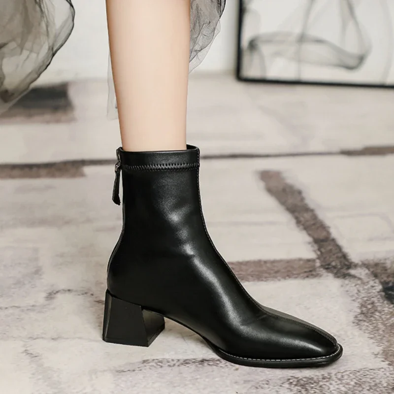 Square toe women ankle boots flock stretch shoes thin mid heels black/brown/beige back zipper dress sock boots woman size 34-40