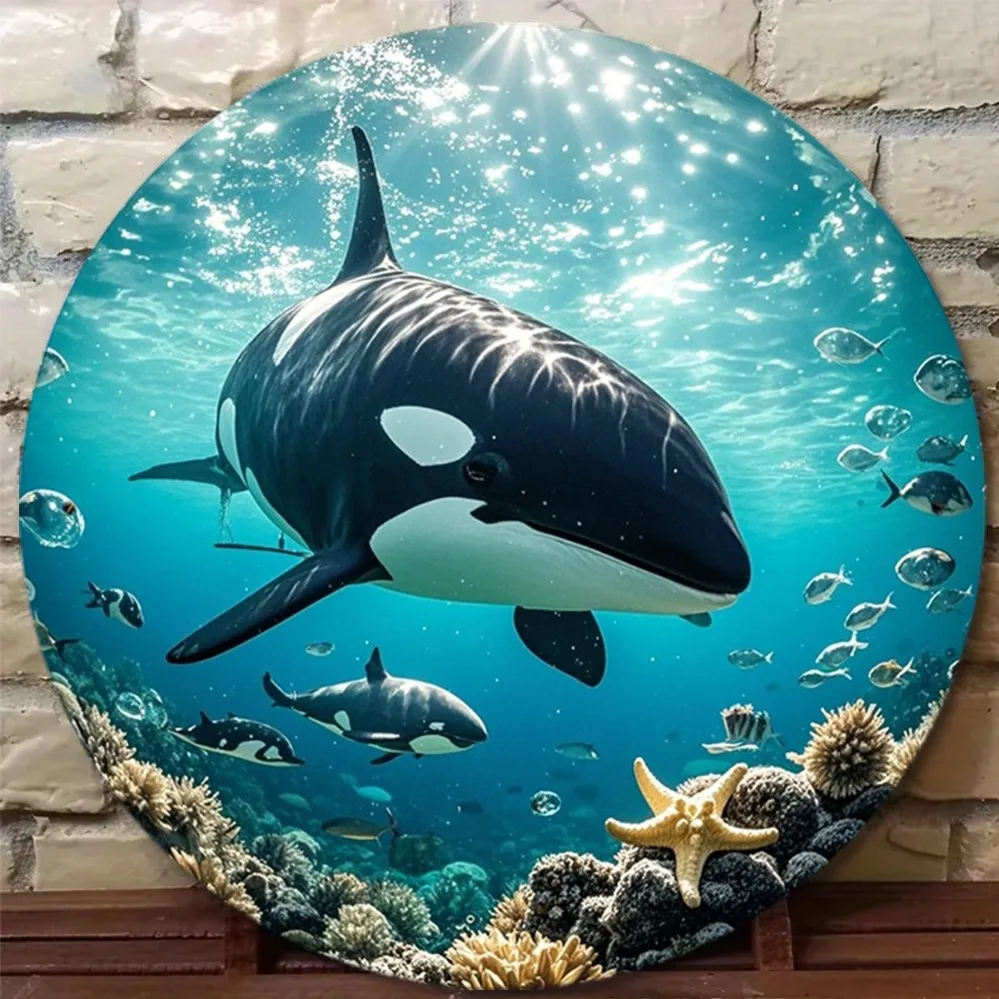 2D Metal Sign, Killer Whale & Fish Ocean Vintage Wall Decor, 8x8in Metal Sign for Room