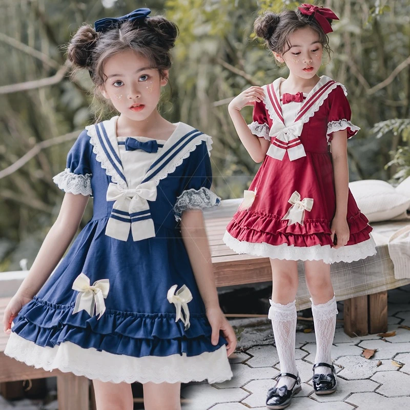 

Children's Lolita Sweet Cute Navy Collar Short Sleeve Women Summer New Lace Bow Princess Dress Girl Flared Ruffle Party Outfit