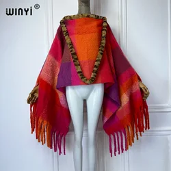 WINYI fashion print knitted long sleeve cloak free size Women's Tops Autumn Winter holiday fashion maxi poncho