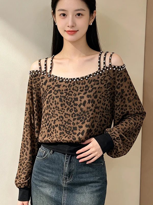 Elegant Loose Long Sleeve Women's Chiffon Top Shoulder Bared Sequin Long Strap Design Slimming Casual Fashion Top
