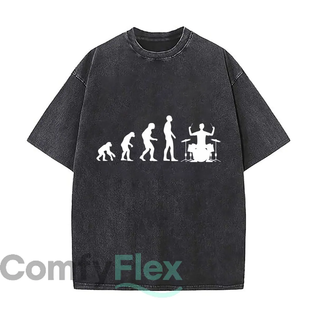 Tops streetwear amples effet vieilli et délavé, motif silhouette de batterie de musique de la bande Drummer Evolution, pour les promenades en ville