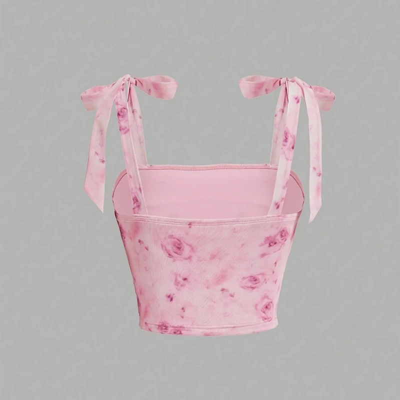 Solid Tie Shoulder Ruched Wide Strap Slim Fit Crop Top for Women Summer 2025 Y2K Clothes Pink Backless Cami Top Streetwear