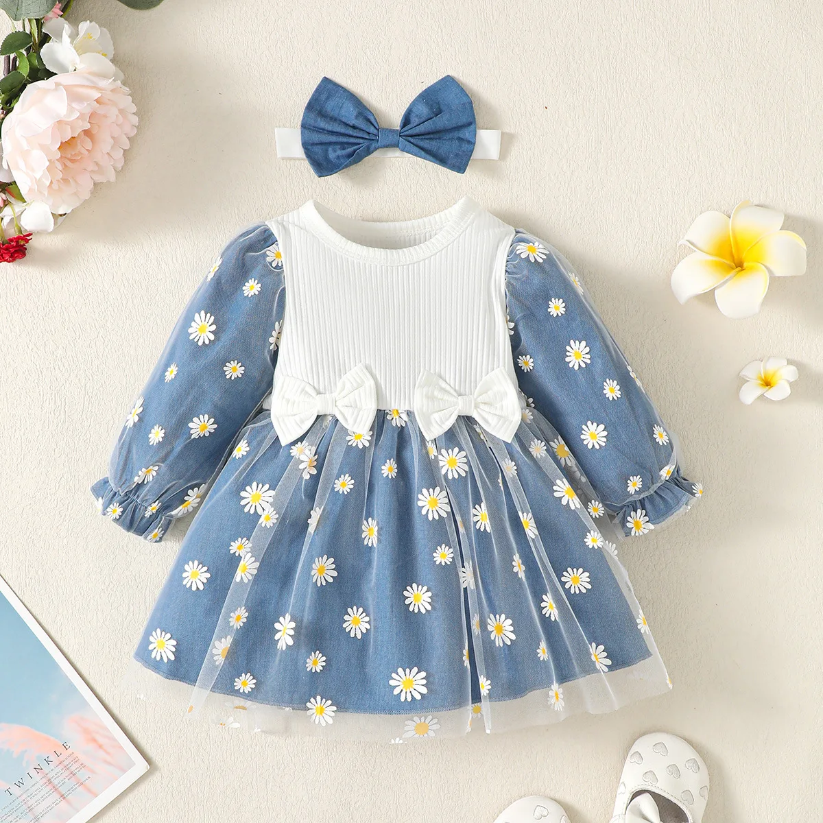 3-24M Newborn Infant Baby Girl Clothes Romper Spring/Autumn Long Sleeve Blue Mesh Dress Flower printing Dress For Girl