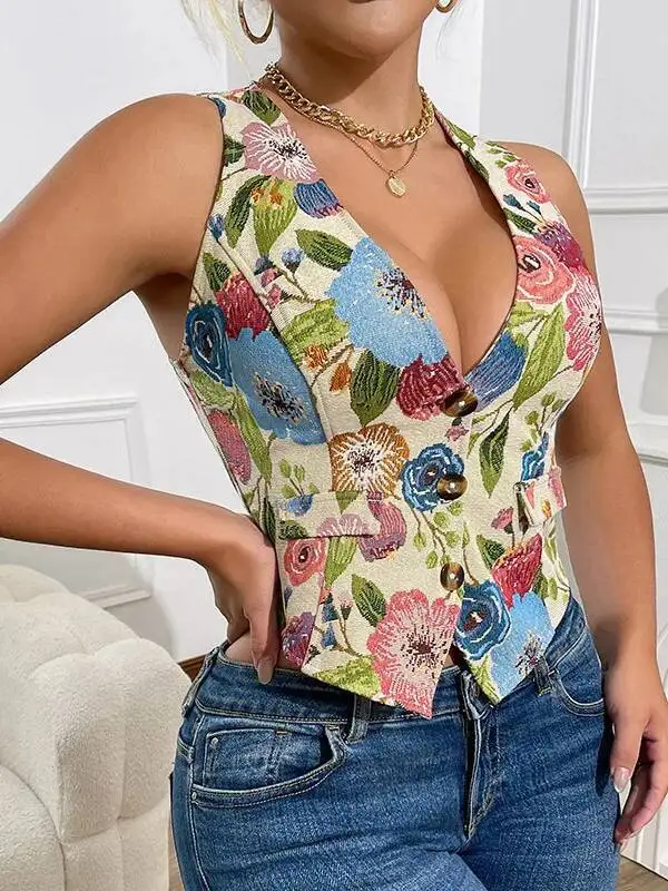 プリントカラーブロックセクシーなスリムベスト新しい花柄ホットガールフラワープリントタンクトップバックレスディープVサスペンダーノースリーブベストR70J