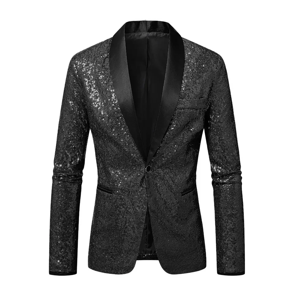 

2026 Men's Suit Shiny Sequins Stage Performance Coat Single Button Blazers Sparkly Glitter Wedding Party Stage Clothes
