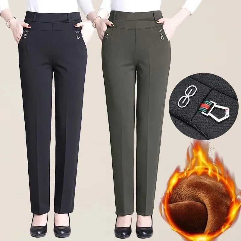 

Fashion Plush Winter Women Straight Pants Elastic High Waist Fleece Lined Pantalones Fall Classic Pant Big Size Thick Trousers