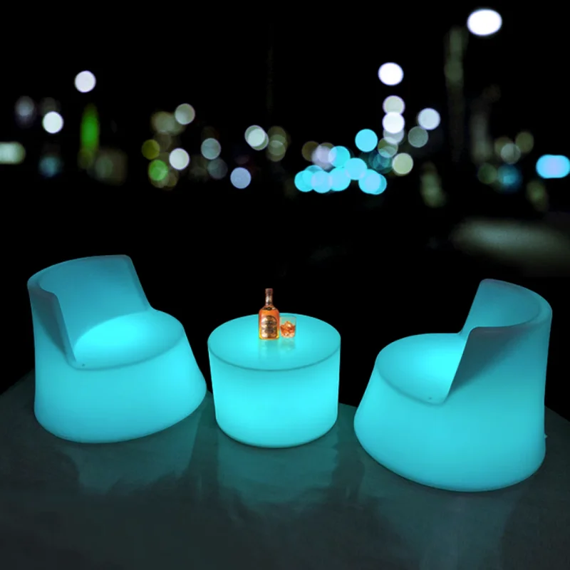 LED Light Bar Table and Chairs Outdoor Waterproof Combination Furniture Round Coffee Table Sofa Stool