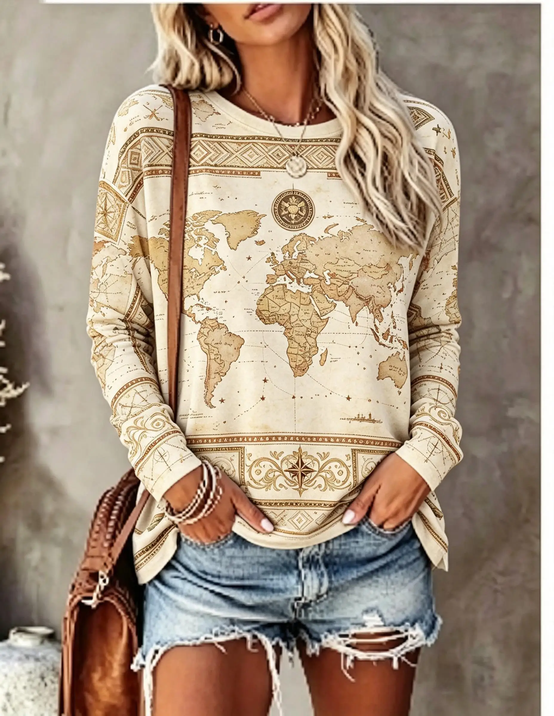 Women Long Sleeve T‑Shirt Boho Vintage World Map Nautical Compass Print Crew Neck Casual Loose Tops