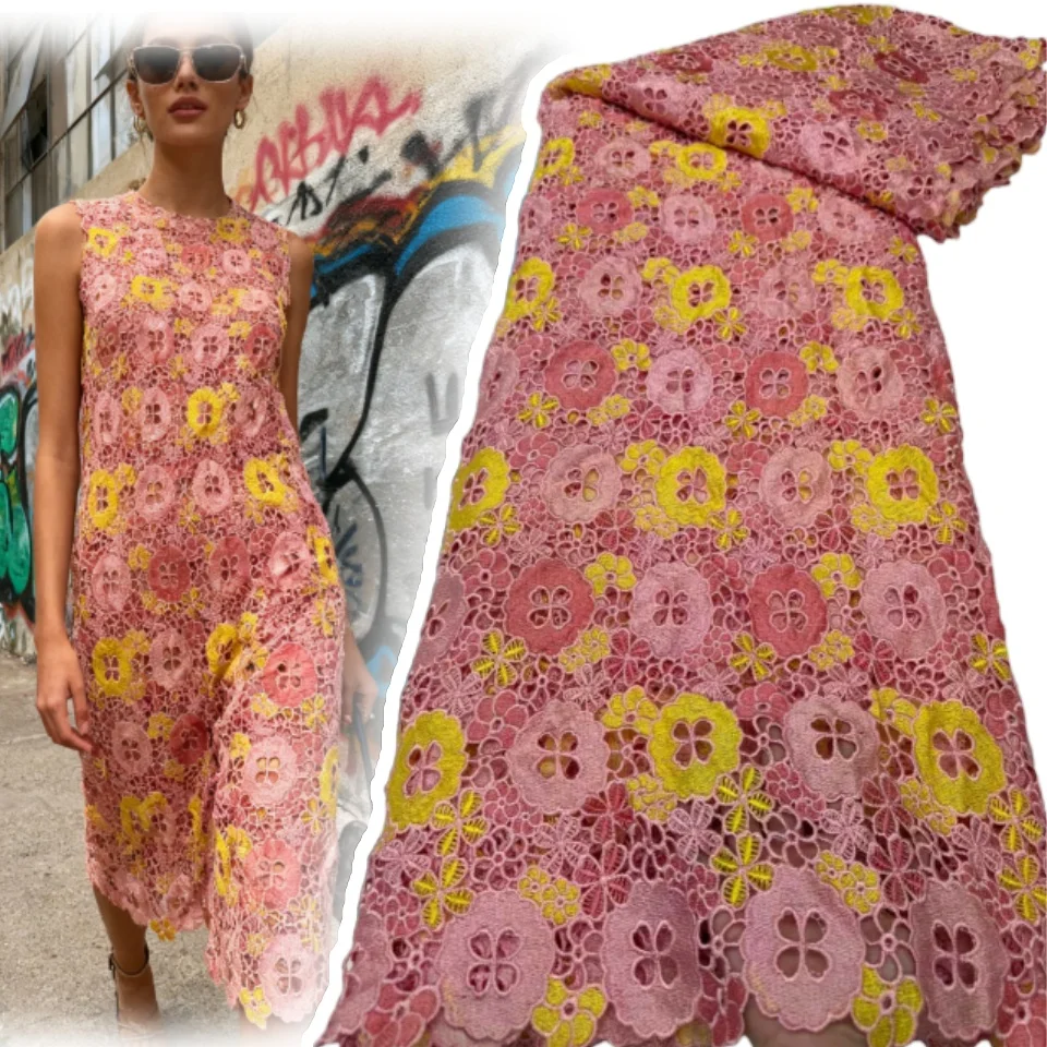 

African Guipure Corded Lace Fabric 2025 Hot Sale Nigerian Gemstone Milk Silk Corded Lace Fabric for Women's Party Dresses 1892