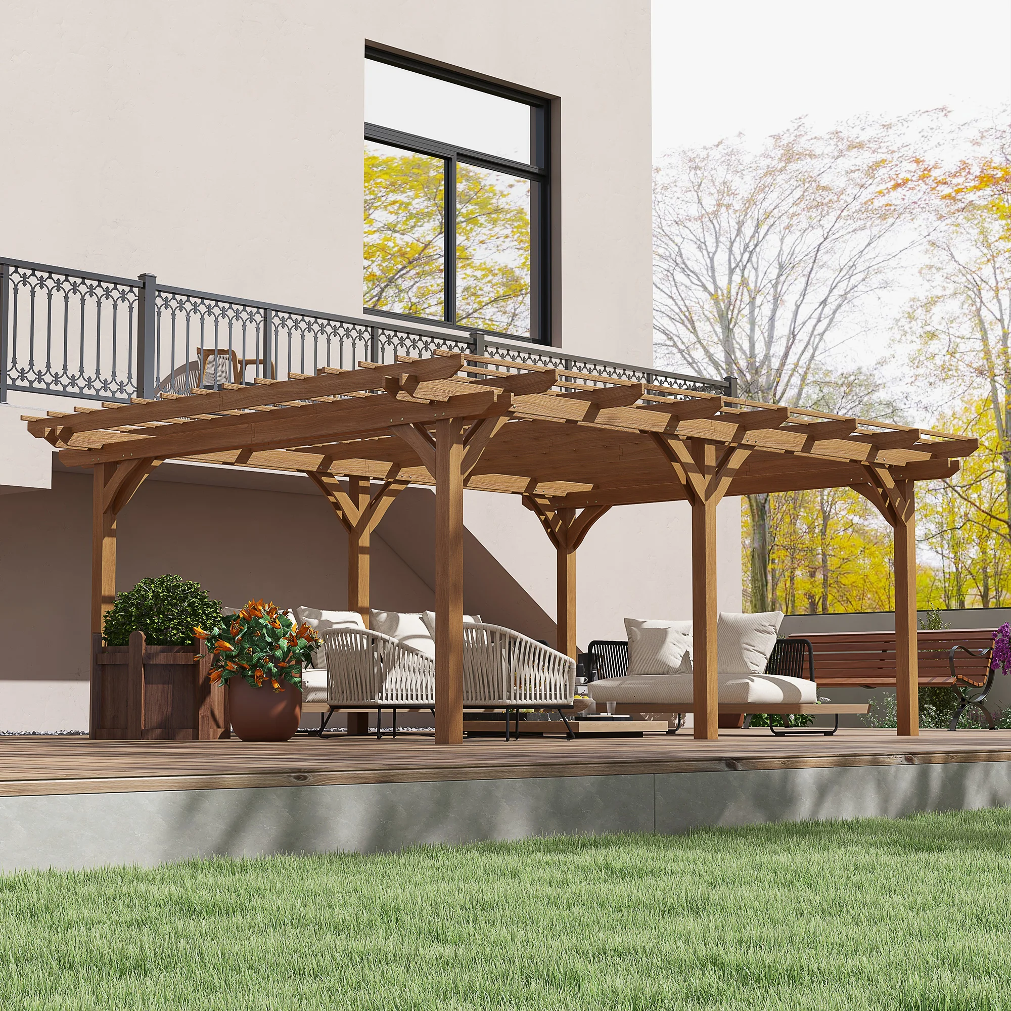 12' x 16' Outdoor Pergola Grape Trellis, Wood Gazebo for Climbing Plants at Garden, Patio, Backyard, Deck, Brown view 2