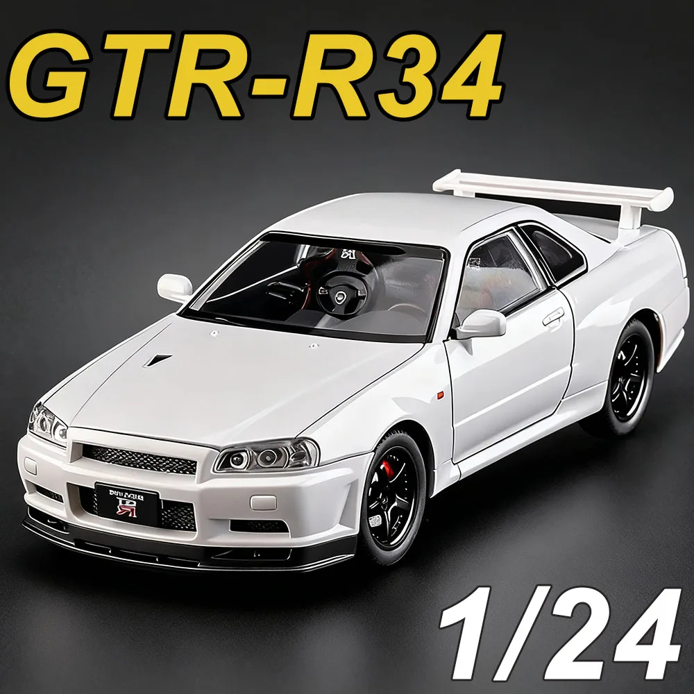 รถของเล่นโมเดล GTR R34 สเกล 1/24 ผลิตจากโลหะผสม ดีไซน์รถสปอร์ต มีเสียง มีไฟ ดึงหลังวิ่งได้ 4 ประตูเปิดได้ ยางแบบยาง ของเล่นสำหรับเด็กผู้ชาย