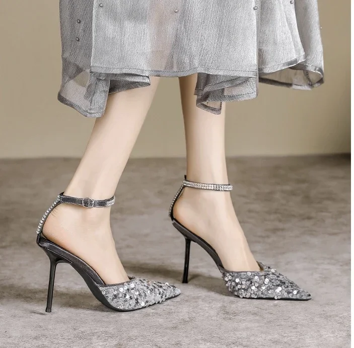 Sequin Baotou Sandals for Women's Summer New Sequin High Heel Pointed Thin Heel Silver Single Shoes Fashionable Banquet Shoes