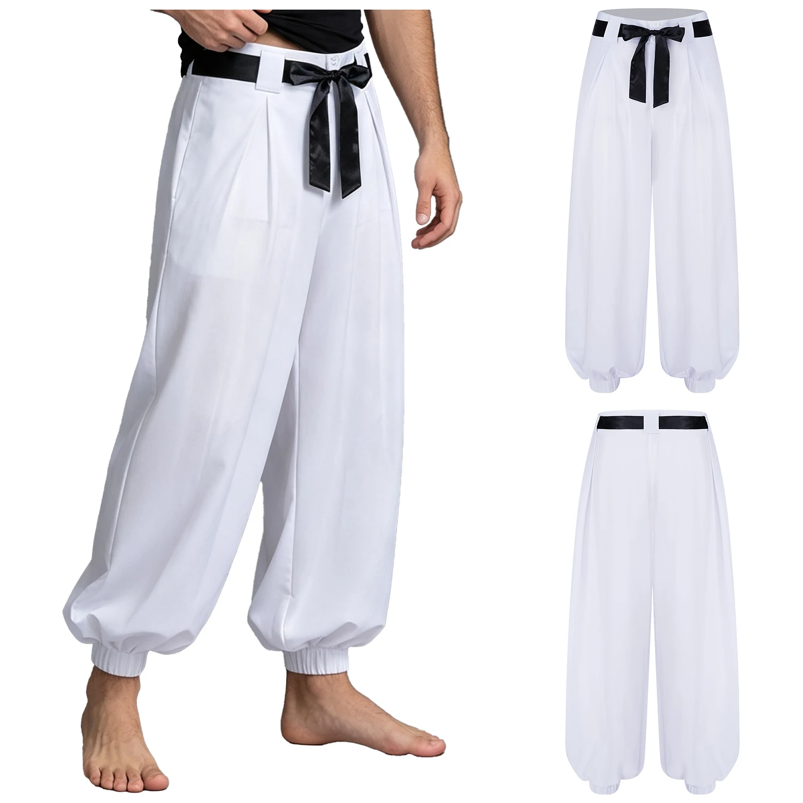 Mens Arab Prince Harem Pants Buttons Zipper Fly Pleats Bloomers Trousers with Belt for Stage Performance and Party Show Costume