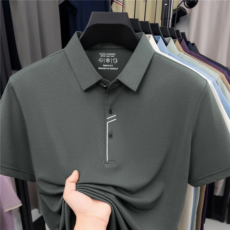Men's Business Style Polo Shirt Cool Fabric Wrinkle Resistant Short Sleeve Top For Office Work