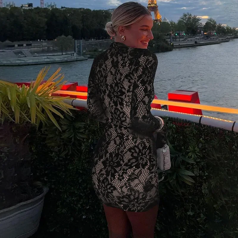 فستان قصير جديد مثير مجوف من الدانتيل لعام 2025 للنساء بخصر عالٍ موضة جديدة فستان حفلات للنوادي بأكمام طويلة ملابس أنيقة للسيدات