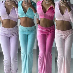 2023 New Casual Black Matching Sets 2 Two Piece Sets Velvet Tracksuit Womens for Sweatsuits Outfits Zipper Tops Pants Suits