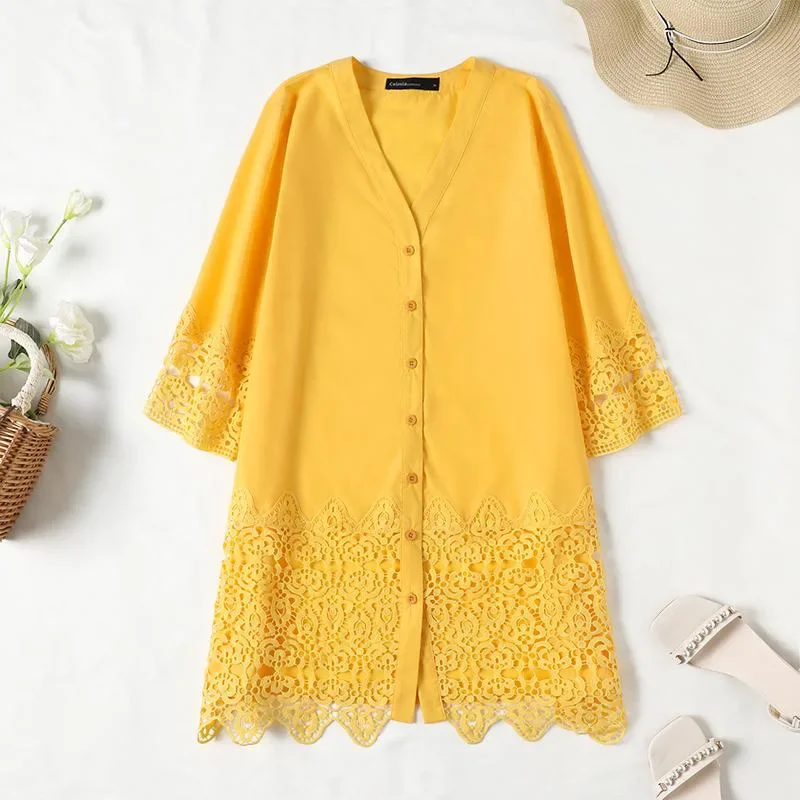 Women\'s S-3XL size Summer New Women\'s Shirt Dress European and American Sexy Hollow Lace Sun Protection Shirt Beach Dress