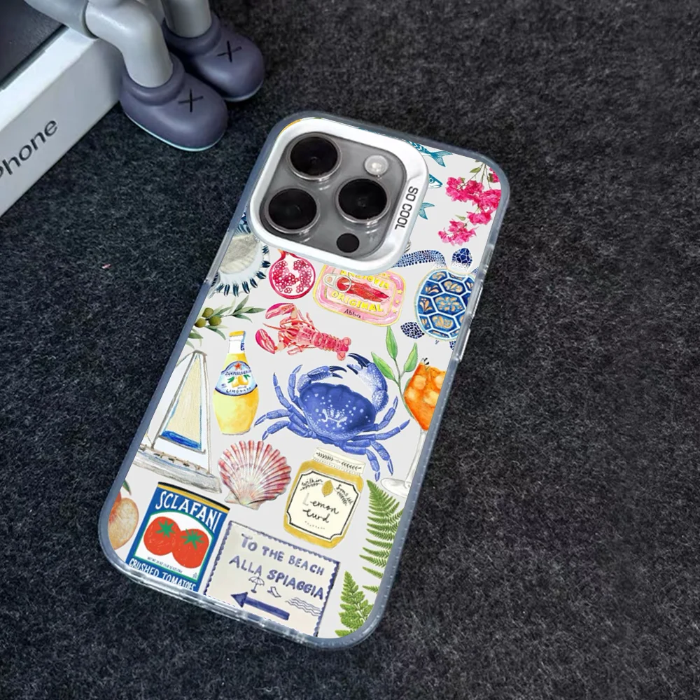 Fruit Cocktail Sea Collar Phone Case IMD Color Silver Shell For IPhone 16 15 14 13 12 11 Pro Max Plus