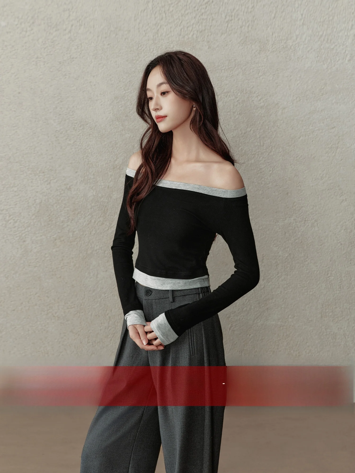 

Slimming Bla Long Sve T-irt oulder Bared Design Spring Autumn Women's Faion Cotton Blend Comfortable Fit Ladies Top