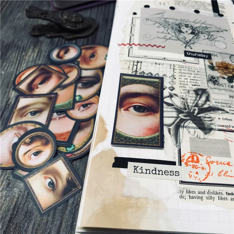 23Pcs Aesthetic Eyes Junk Journal Ephemera Vintage Stickers Decor Round Square Album DIY Diary Stickers Scrapbooking Material