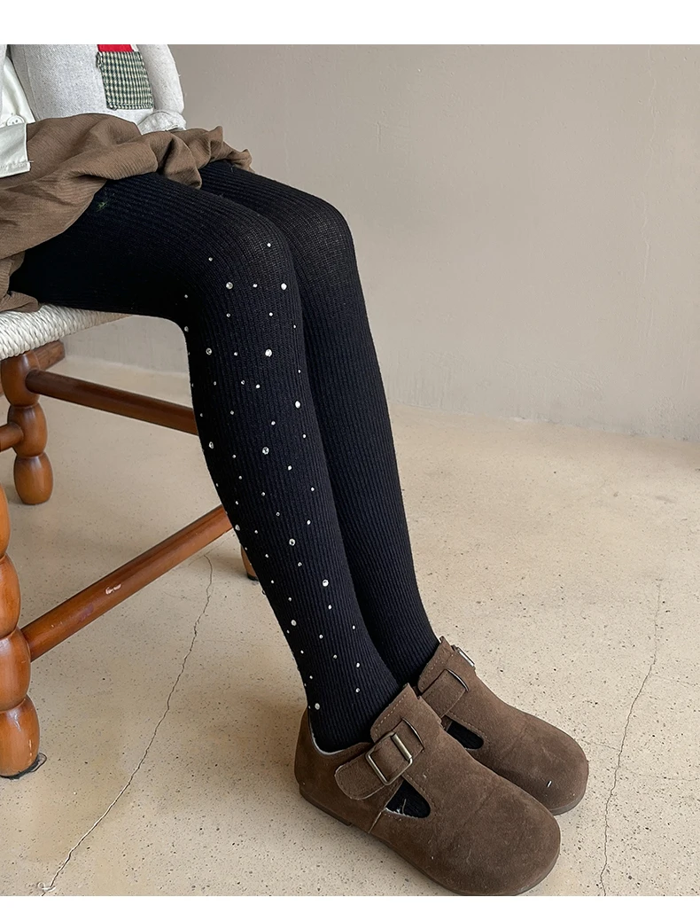 Niedliche Mädchen Frühling Herbst Weiche Baumwolle Warme Glänzende Strumpfhose Vertikale Streifen Glitzer Strass Leggings Kawaii Elastische Kinder-Strumpfhose – Detail 27